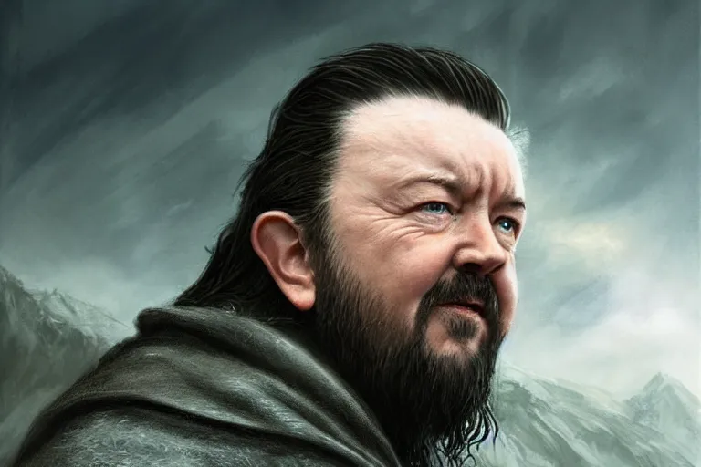 Image similar to closeup portrait of a ricky gervais as an elder wizard, lord of the rings, dramatic light, gorgeous view, depth, high detail, digital art, painted by greg rutkowski and seb mckinnon, by marguerite anderson, trending on artstation