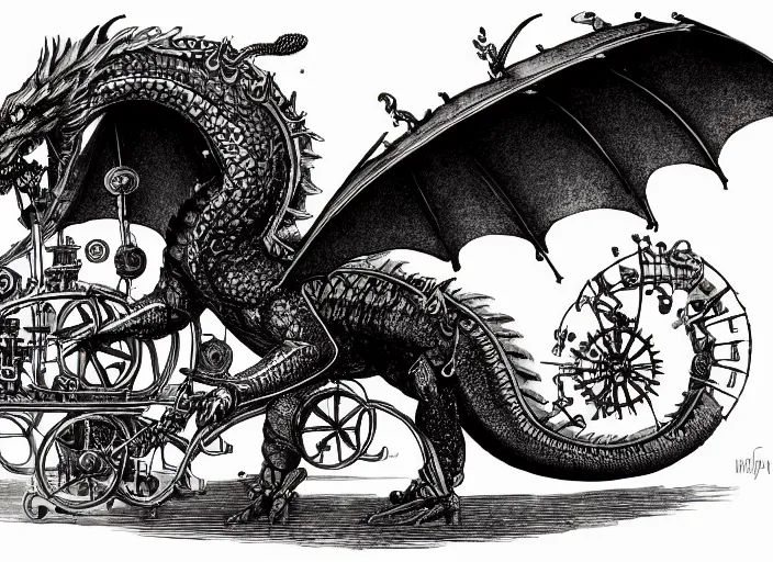 Prompt: pen and ink illustration, dragon with steam punk apparatus on its side, very fine detail, concept art, high detail, fine pen