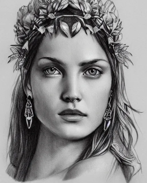 Image similar to realism tattoo sketch of a beautiful greek goddess aphrodite with piercing eyes wearing a laurel wreath and triangle earrings, in the style of greg rutkowski, amazing detail