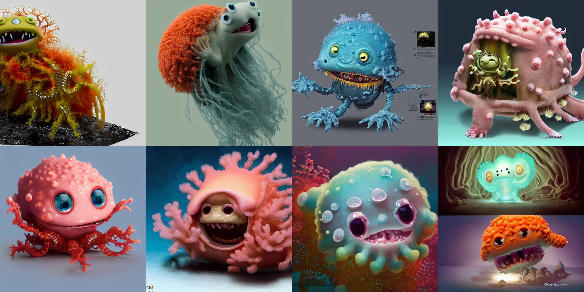 Prompt: cute! fluffy baby jelly fish axolotl, corals, pirates of the caribbean (2006), davy jones, wires, SSS, wrinkles, grin, rimlight, dancing, fighting, bioluminescent screaming pictoplasma characterdesign toydesign toy monster creature, artstation, cg society, by greg rutkowski, by William-Adolphe Bouguereau, by zdzisław beksiński, by Peter mohrbacher, by nate hallinan, 8k
