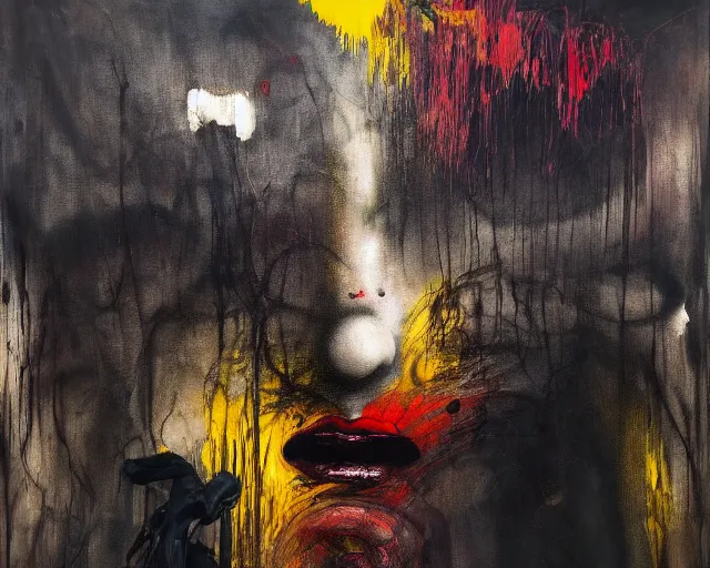 Image similar to dark smoky figure standing in gallery of art, a brutalist designed, rich deep vivid colours, broad brush strokes!, painted by francis bacon, michal mraz, adrian ghenie, nicola samori, james jean!!! and petra cortright, part by gerhard richter, part by takato yamamoto. 8 k masterpiece.