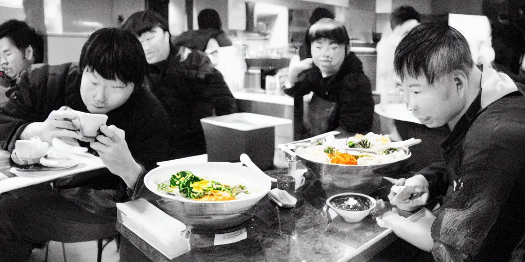 Prompt: a man eating bibimbap by huskmitnavn, black and white