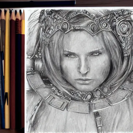 Image similar to hyper realistic pencil drawing of Christina Henricks as a viking princess, intricate detail, beautiful, battle armor, war, fight, light, dragon, colorful