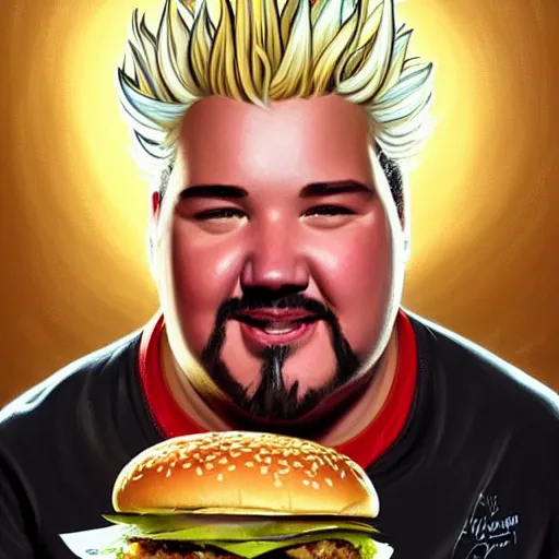 Prompt: portrait of guy fieri eating giant hamburgers, big macs with extra bacon lettuce tomato, ethereal, handsome, d & d, fantasy, intricate, elegant, highly detailed, digital painting, artstation, concept art, matte, sharp focus, illustration, art by artgerm and greg rutkowski and alphonse mucha