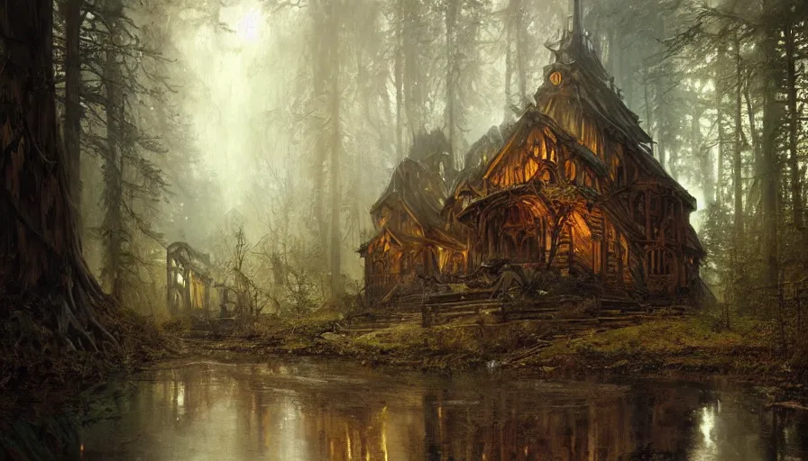 Image similar to a beautiful intricate painting of a abandoned log church in dark evil fantasy forest, reflections, very high details by william turner art, greg rutkowski and alphonse mucha, trending on artstation, very very detailed, masterpiece,