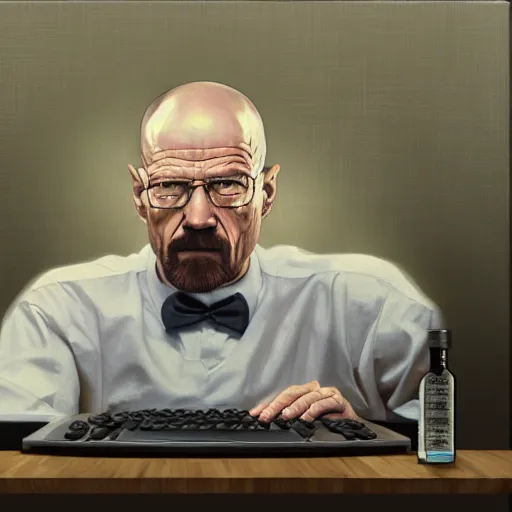 Image similar to Walter white raging at a computer, expressive oil painting, trending on artstation, 4k