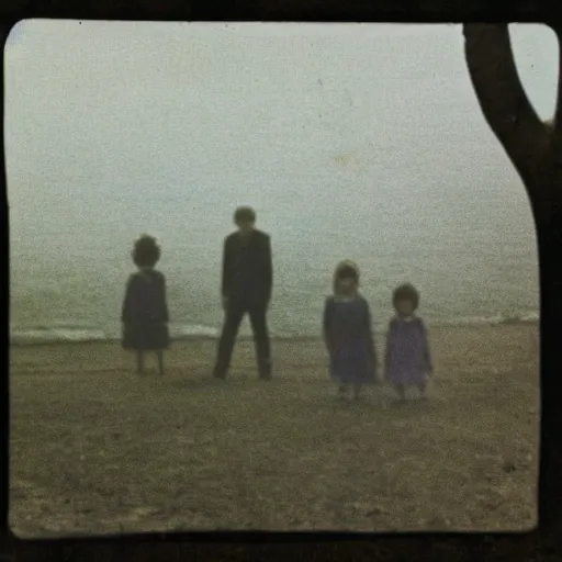 Prompt: Low quality digital photo of a faceless family in the 70's, with a mysterious yellow fog encapsulating the scene