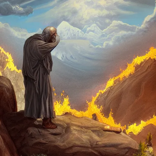 Prompt: painting of an old man with a silver gray beard and ragged robes knelt down on the peak of a mountain, the sky above is wreathed in flames, the man chisels an inscription on a stone, realistic, detailed, ancient, digital art, apocalyptic, earth tones, dramatic, cinematic lighting