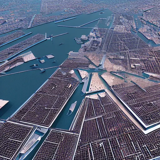 Image similar to google earth photo of futuristic technologic advanced venice city. photorealistic, trending on artstation, volumetric lighting, 4 k, award winning