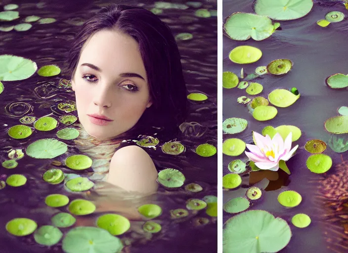 Image similar to face is emerging from the water Kodak Portra 400, 8K, soft light, volumetric lighting, highly detailed, britt marling style 3/4, photo close-up portrait of extreme beautiful girl floating in water surrounded by lily pads, half face in the water, a beautiful lace dress and hair are intricate with highly detailed realistic beautiful flowers , Realistic, Refined, Highly Detailed, natural outdoor soft pastel lighting colors scheme, outdoor fine art photography, Hyper realistic, photo realistic