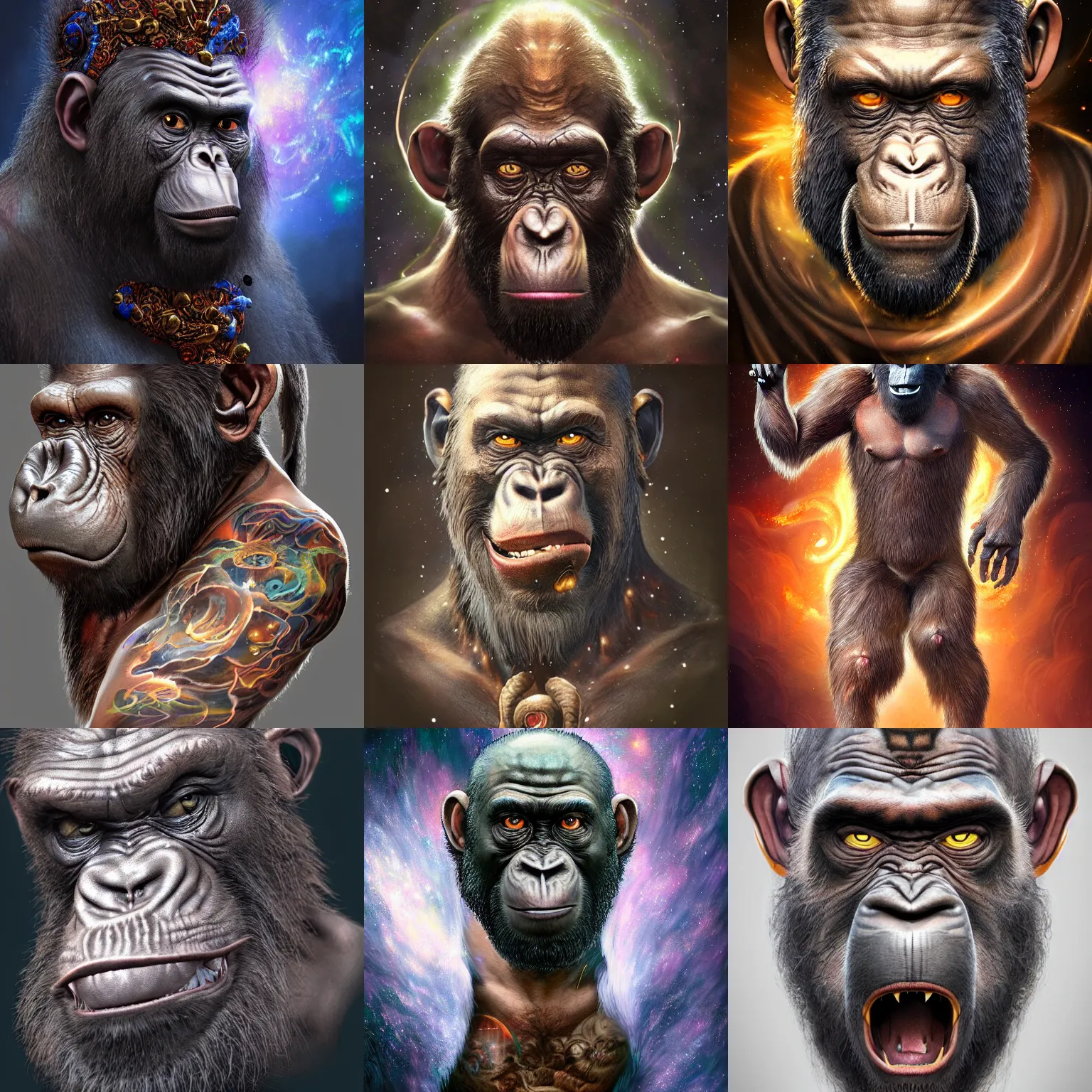 Image similar to a wlop 3 d render of very very very very highly detailed beautiful mystic portrait of a angry voodoo ape with whirling galaxy around, tattoos by anton pieck, intricate, extremely detailed, digital painting, artstation, concept art, smooth, sharp focus, illustration, intimidating lighting, incredible art,