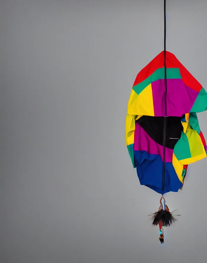 Image similar to close - up portrait of an empty slick fashionable zara raincoat floating suspended mid - air on a rainy display designed by james terrell, wes anderson, okuda, symmetry, rule of thirds