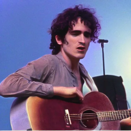 Image similar to a movie still of Tim Buckley singing on stage with Jeff Buckley, 8k, Technicolor, telephoto lens, vintage photograph, historical archive, detailed skin, detailed eyes