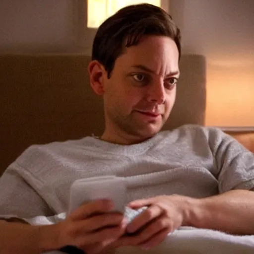 Prompt: tobey maguire texting on his phone inside of his bedroom during a rainy night, cinematic lighting, photorealistic, highly detailed,