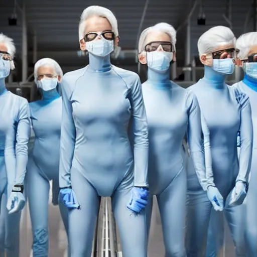 Image similar to troop in formation of athletic humans with light blue latex suits and white hair on a conveyor belt, futuristic chemistry lab, sci - fi, highly detailed, hyperrealistic