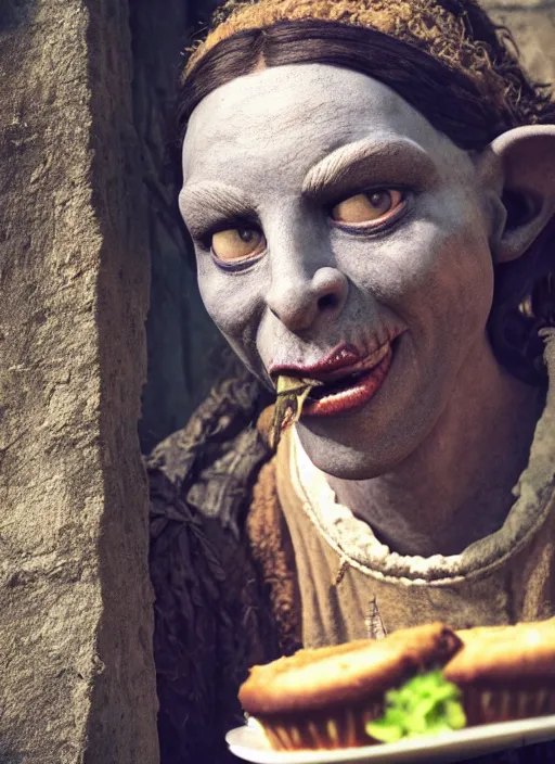 Image similar to closeup portrait of a medieval goblin eating cakes in the cloisters, depth of field, zeiss lens, detailed, symmetrical, centered, fashion photoshoot, by Annie Leibovitz and Steve McCurry, David Lazar, Jimmy Nelsson, Breathtaking, 8k resolution, extremely detailed, beautiful, establishing shot, artistic, hyperrealistic, beautiful face, octane render