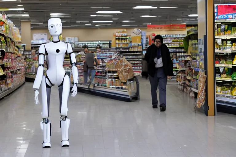 Prompt: photojournalism of sleek humanoid robot walking out of grocery store carrying paper grocery bags