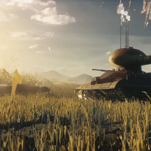 Image similar to a screenshot from nier : automata, with 9 s android fighting a t 3 4 tank in yellow rye field under pure blue skies