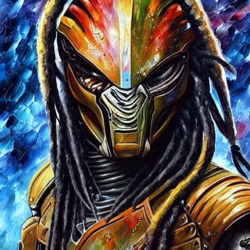 Prompt: painting of an alien with dreadlocks and high tech armor, The Predator, Yautja, by Leonid Afremov, hyperdetailed!!!!!!!!!
