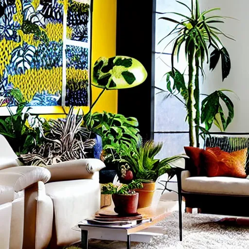 Prompt: living room filled with plants in the style of roy lichtenstein