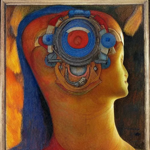 Image similar to the young robot with her feathered bird mask, by annie swynnerton and diego rivera and elihu vedder, symbolist, dramatic lighting, elaborate geometric ornament, head and shoulders view, art brut, soft cool colors, smooth, sharp focus, extremely detailed, adolf wolfli