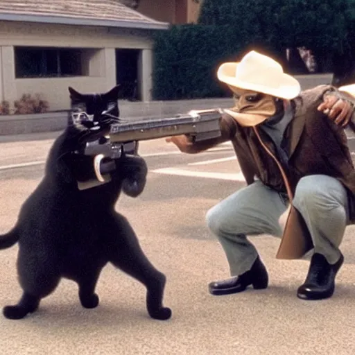 Image similar to a still of the cats gunfighting from the buddy cop movie beverly hills cat 2, with eddie murphy