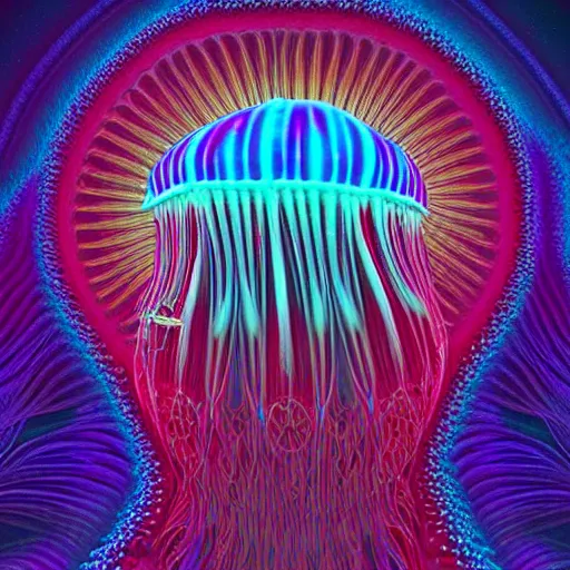 Prompt: beautiful psychedelic jellyfish in hyperspace, colorful fractal jellyfish, national geographic, beeple, m. c. escher, 3 d, deep sea photography