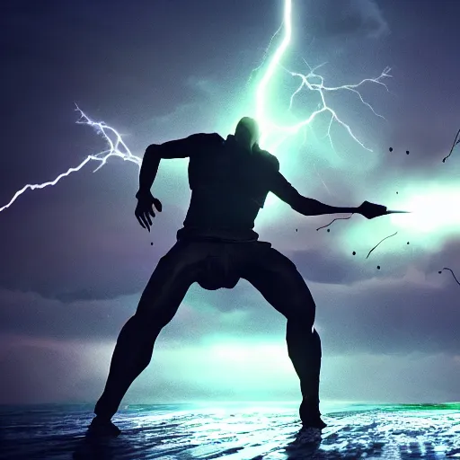 Prompt: fork, lightning storm background, volumetric lighting, epic battle pose