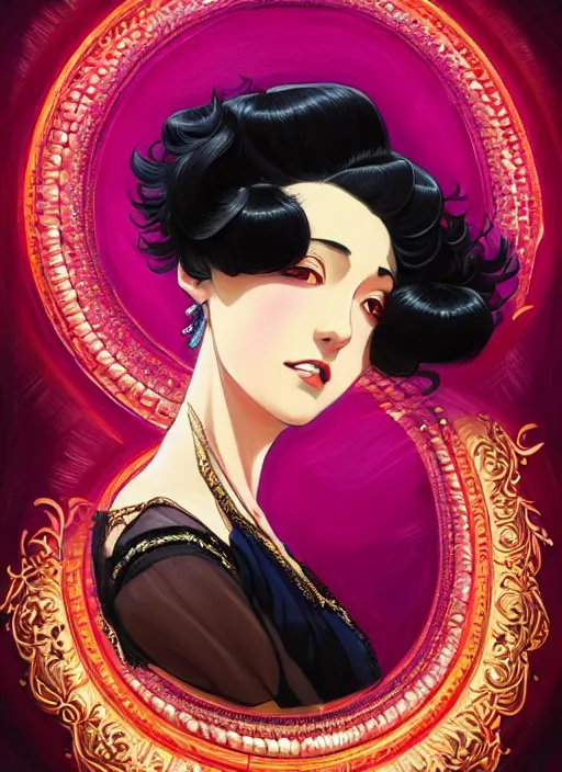 Image similar to a beautiful dancer with black hair in 1920's fashion, ballroom background, intricate, highly detailed, digital painting, artstation, official media, anime key visual, concept art, rich vivid colors, ambient lighting, sharp focus, illustration, art by Artgerm, Makoto Shinkai, Ilya Kuvshinov, Lois Van Baarle, and Rossdraws