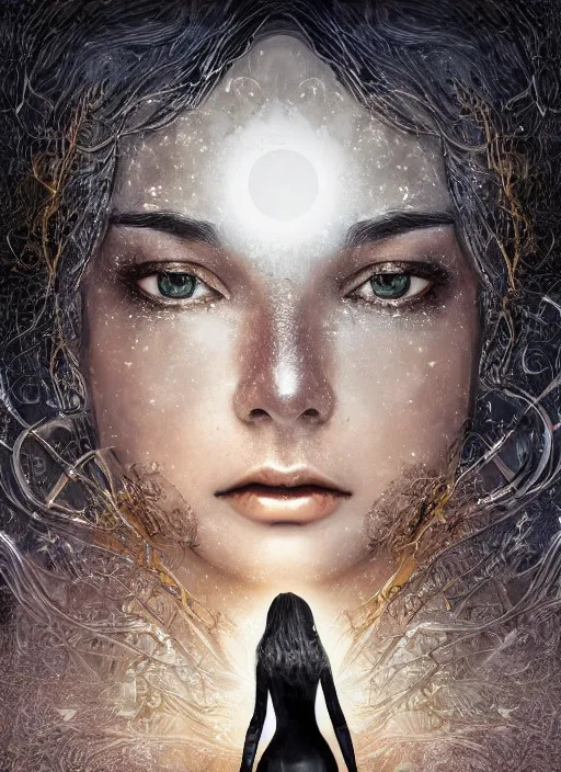 Image similar to glowing silver and golden elements, full close-up portrait, young model from shutterstock as a dark witch in front of the full big moon, book cover, green forest, red white black colors, establishing shot, extremly high detail, photo-realistic, cinematic lighting, pen and ink, intricate line drawings, by Yoshitaka Amano, Ruan Jia, Kentaro Miura, Artgerm, post processed, concept art, artstation, matte painting, style by eddie, raphael lacoste, alex ross