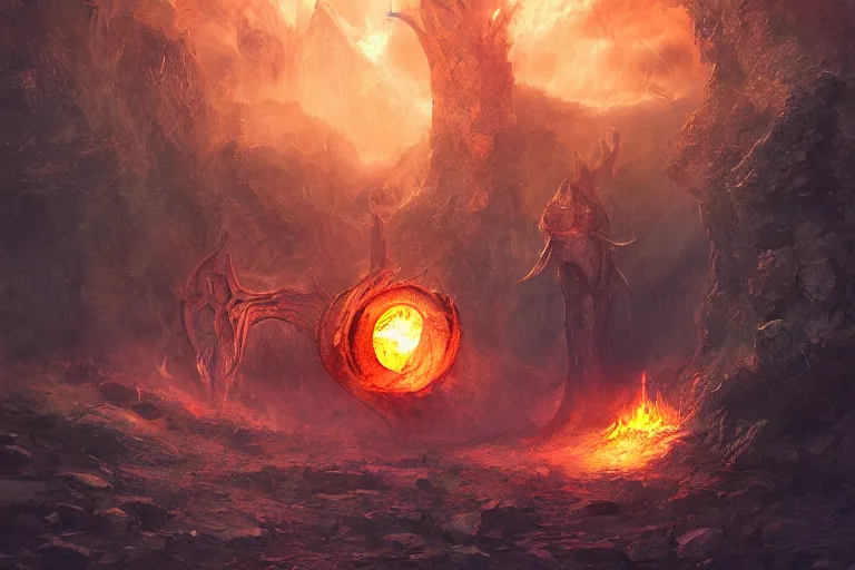 Prompt: A Portal to the Lost Flame Realm, fantasy, digital art, professional illustration, realistic, ultra detailed, atmospheric, cinematic lighting