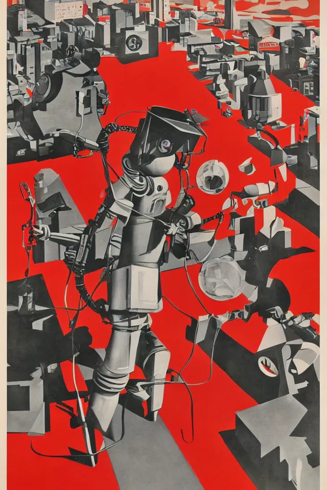 Prompt: an epic socialist realism poster of a singular communist 1 9 6 0 s sci - fi robot in a red beret playing a modular synthesizer
