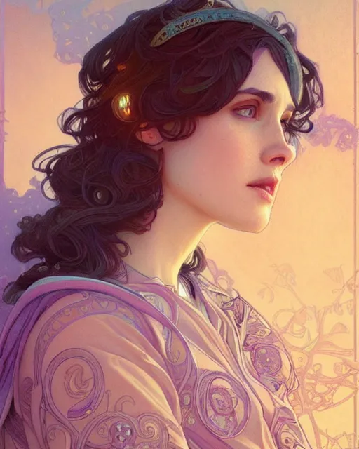 Image similar to winona ryder | highly detailed | very intricate | art nouveau | perfect eyes | storybook illustration | soft cinematic lighting | award - winning | painted by mandy jurgens and alphonse mucha and alena aenami | pastel color palette | featured on artstation