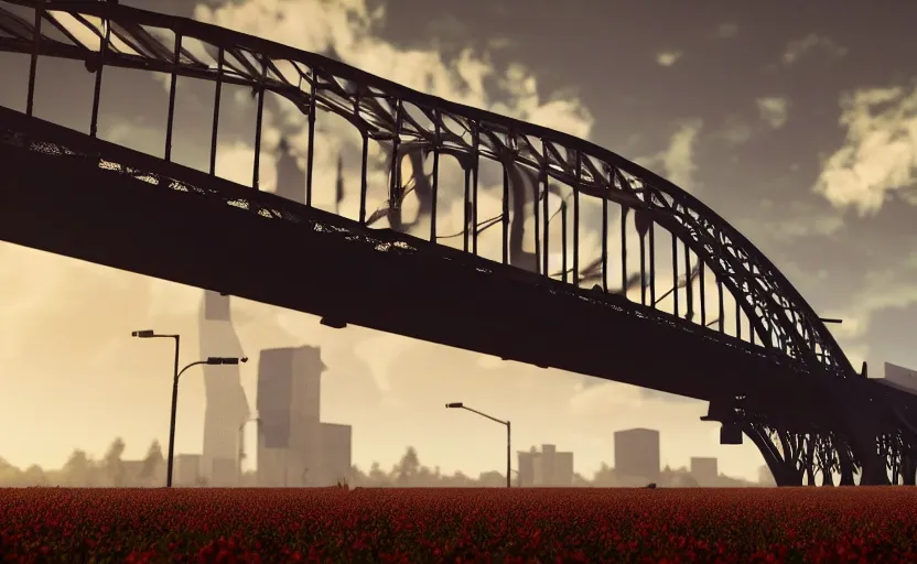 Image similar to explosions in the form of realistic cotton plants cover harbour bridge, huge cotton plants everywhere, smooth, sharp focus, highly detailed, 3 d octane render, epic lighting, dark atmosphere, lots of cotton plants, 8 k, by goro fujita