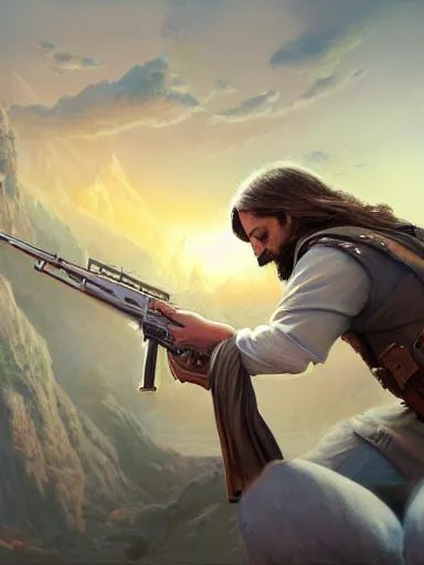 Image similar to jesus christ firing ak - 4 7. intricate, elegant, highly detailed, digital painting, artstation, concept art, sharp focus, illustration, by justin gerard and artgerm, 8 k