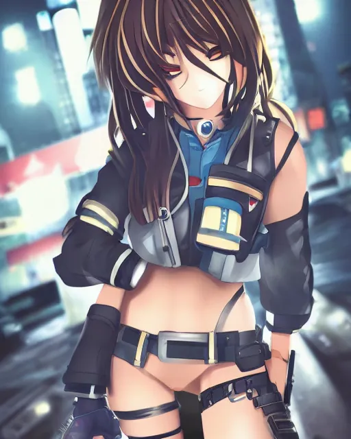 Image similar to full body image of anime girl in mechanic armor in night tokyo by makoto sinkai, perfect face, fine details