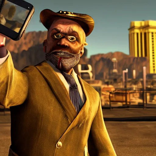 Prompt: Mr House from Fallout New Vegas, taking a selfie on the Las Vegas Strip, real, 8k,