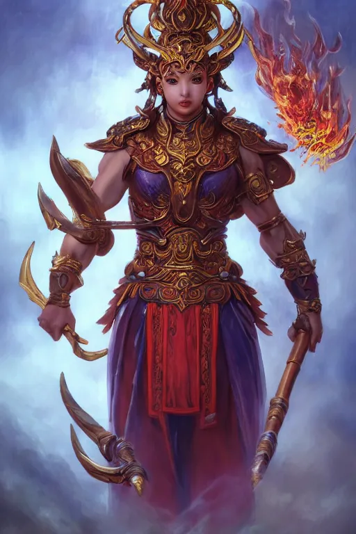 Image similar to a masterpiece portrait of nezha, legendary god holding spear and stand in flame, hero action pose, fantasy character portrait, closeup shot, hyper detailed, digital painting, 8 k realistic, trending on artstation, sharp focus, dof, by fenghua zhong, artgerm, ne zha from smite, tsuyoshi nagano, artgerm