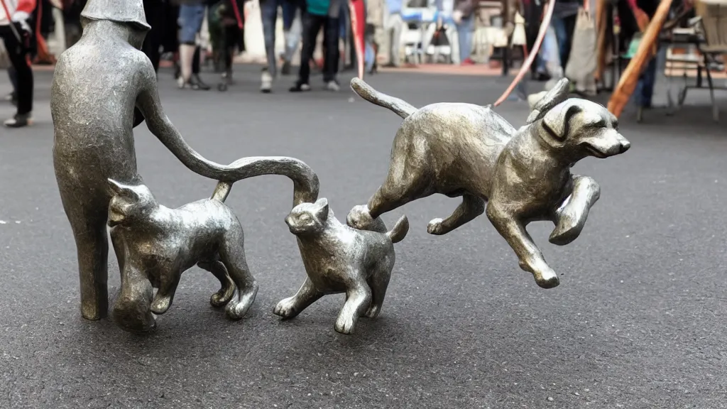 Prompt: a a dog chasing a cat as a statue made of brushed metal with a wooden base