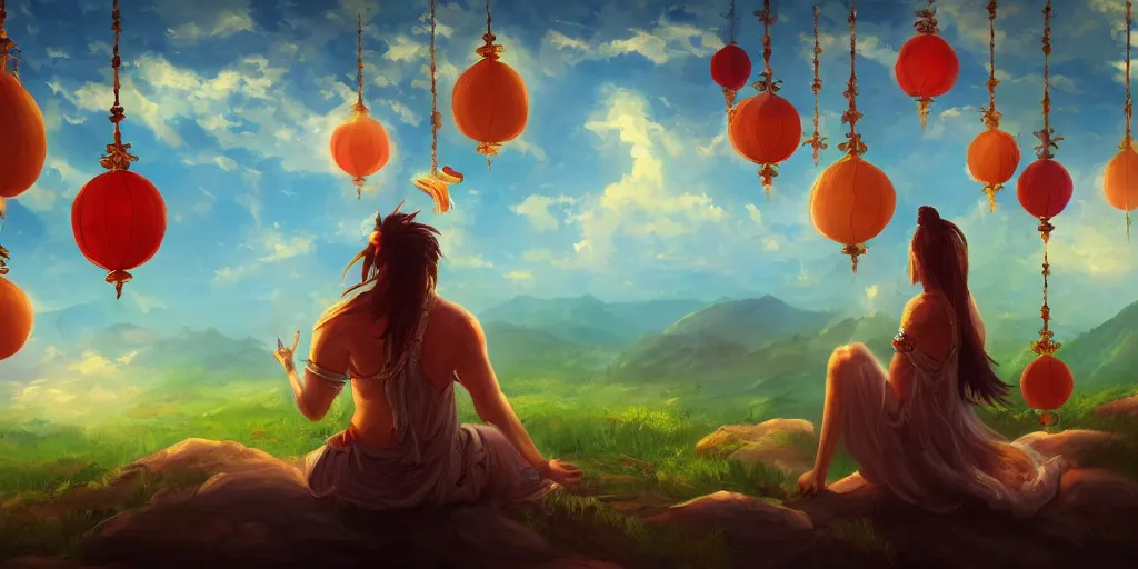 Image similar to painting of wind god enjoying the view from his heavenly palace, decorated with windchimes and paper lanterns, nature and clouds in background, digital art, trending on artstation