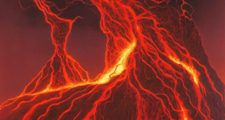 Prompt: a volcano made of ivory vines and crimson rocks enters in eruption, it spits a smoke in the shape of demonic eye, by Thomas Blackshear
