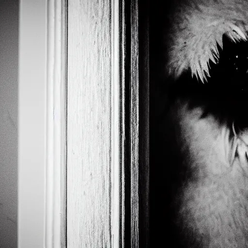 Prompt: photograph of a werewolf in the door frame of a bedroom, black and white, creepy, blurry