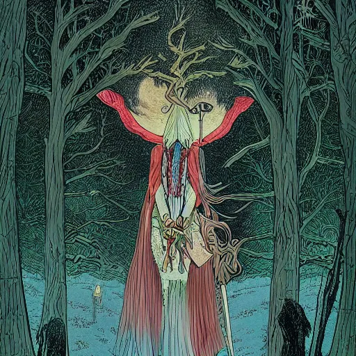 Prompt: illustration of a magical tribal sorceress on a huge majestic stag in a forest by hayao miyazaki and jean giraud moebius