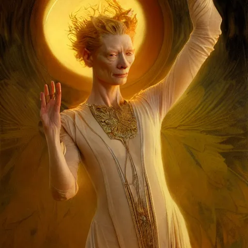 Prompt: tilda swinton as lucifer morningstar, natural lighting, path traced, highly detailed, high quality, digital painting, by gaston bussiere, craig mullins, alphonse mucha j. c. leyendecker