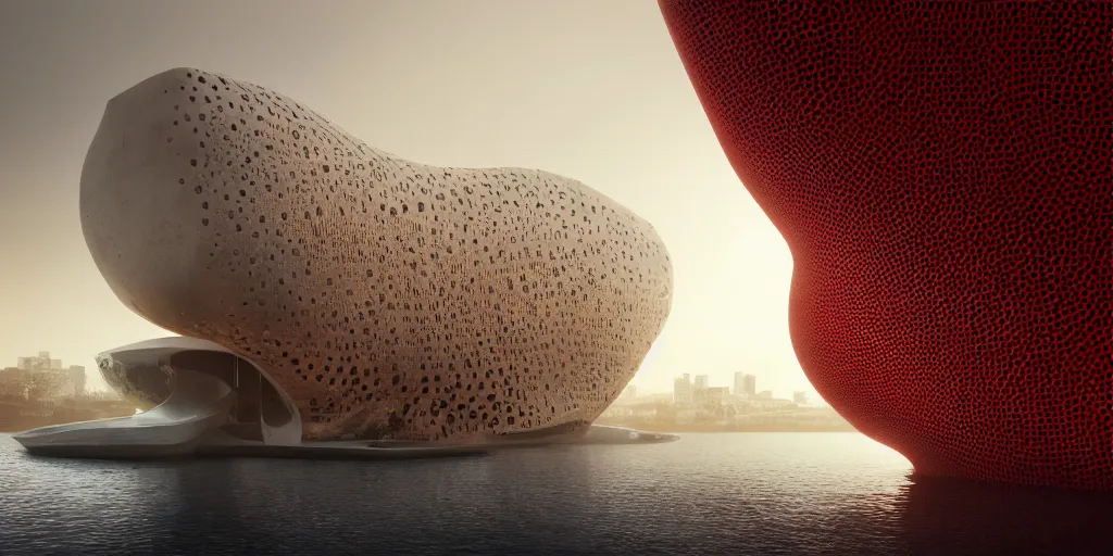 Image similar to An epic architectural rendering of a blob shaped trypophobia house with a mysterious red glow emitting from inside in a modern cityscape next to a river, by Zaha Hadid and Greg Rutkowski, tunning, gorgeous, golden ratio, photorealistic, featured on artstation, 4k resolution