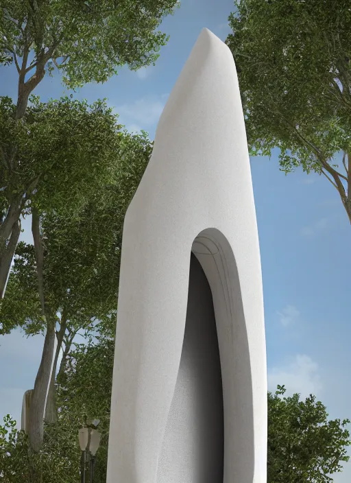 Image similar to highly detailed realistic architecture 3 d render of a futurisctic stele made from atoms standing in a city park, archdaily, made in unreal engine 4 octane render