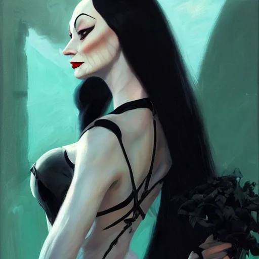 Prompt: greg manchess portrait painting of morticia from addams family as overwatch character, medium shot, asymmetrical, profile picture, organic painting, sunny day, matte painting, bold shapes, hard edges, street art, trending on artstation, by huang guangjian and gil elvgren and greg rutkowski