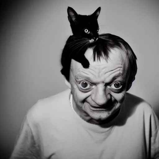 Image similar to laughing mark e smith with a cute kitty on his head