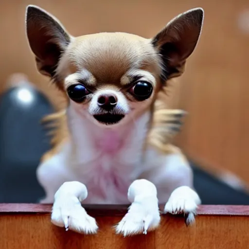 Prompt: creepy chihuahua baring its teeth with soulless evil eyes