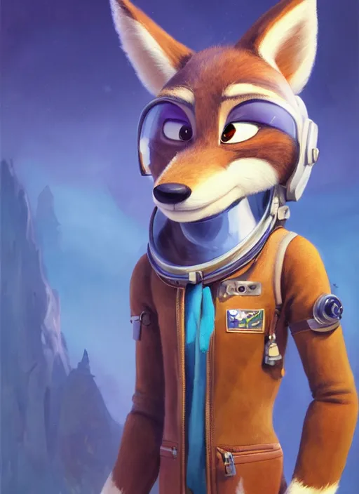 Image similar to oil painting detailed full body of anthromorphic female wolf, in style of zootopia, zootopia, zootopia, fursona, furry, furaffinity, 4 k, deviantart, furry art, fursona art, wearing astronaut outfit, in style of zootopia, wolf fursona, cyberpunk, female, expressive, detailed feminine face,